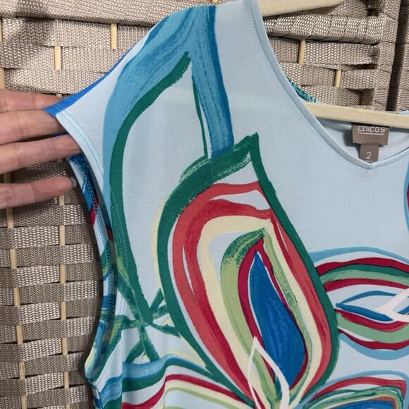 Chico’s IONA V-Neck Slinky Knit Dress Size 2/L SEAWAY BLUE Floral Cap Sleeve NEW - Picture 5 of 10